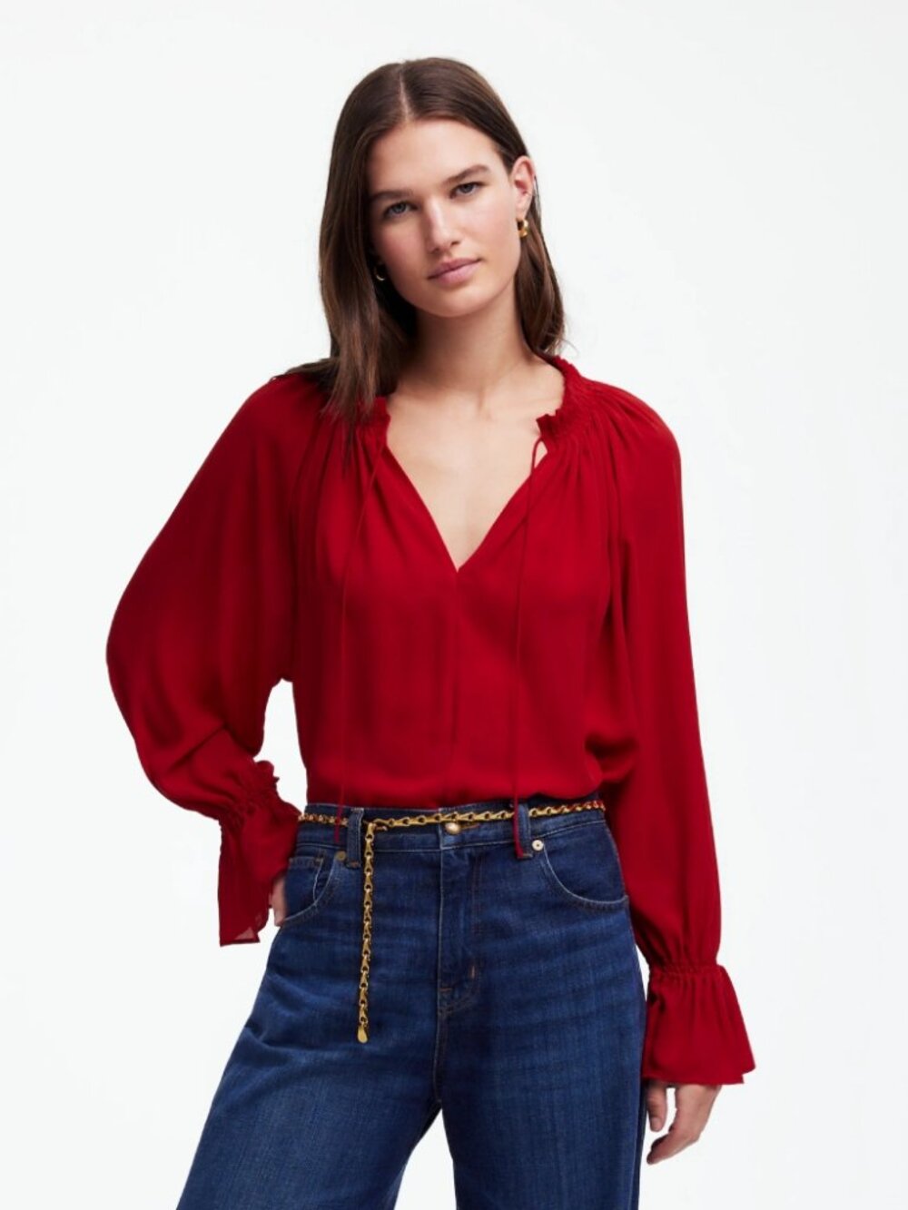 Madewell Long-Sleeve Tie-Neck Top Crimson Berry Lightweight Ruffled Size L